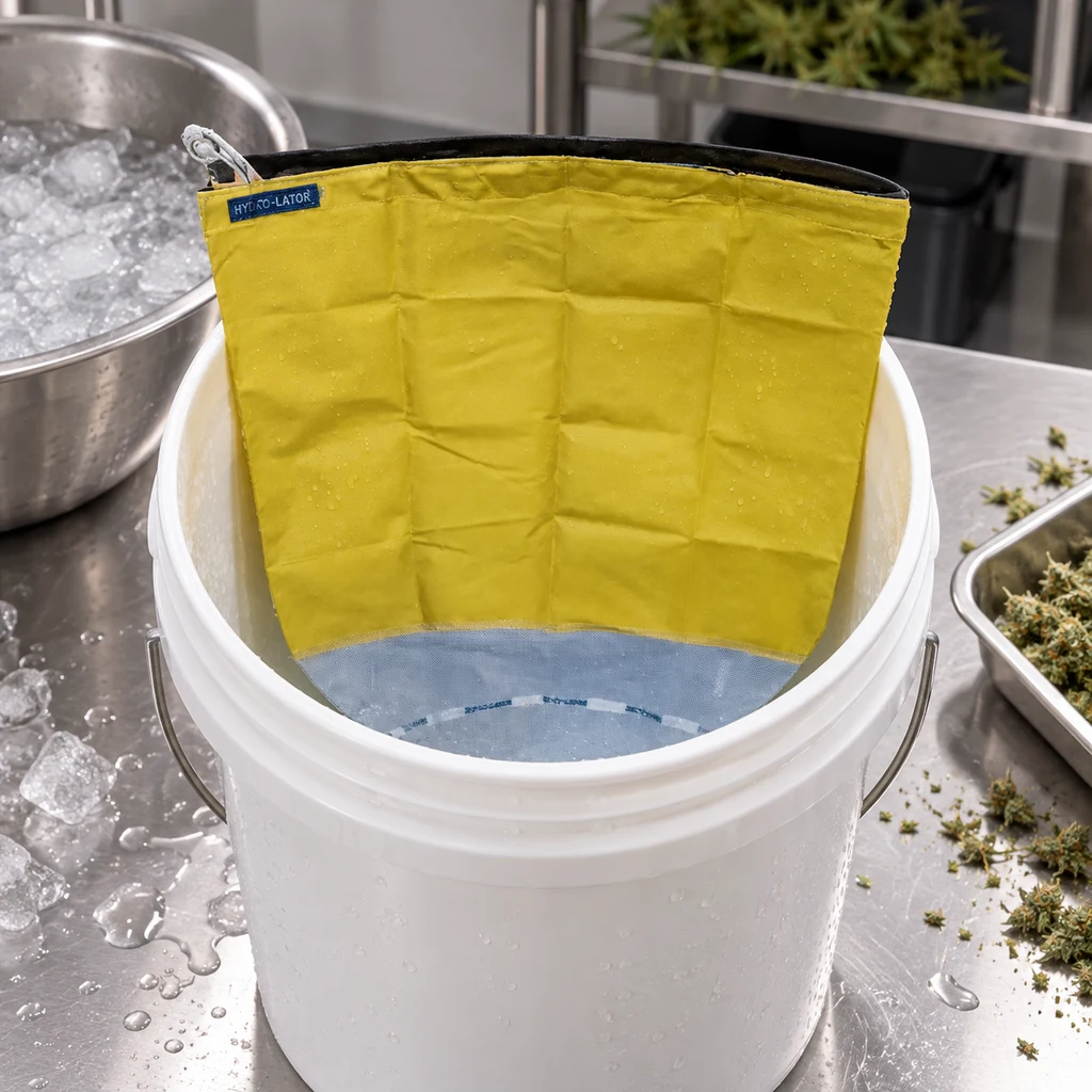 Bolsa filtrante amarilla con malla gris dentro de un cubo blanco, sobre una mesa con hielo y restos vegetales.