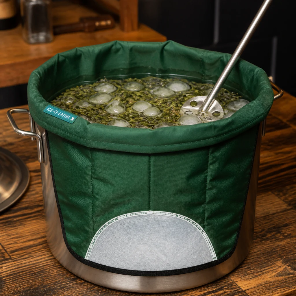 Malla de extracción verde dentro de una olla, con agua, hielo y restos vegetales; una varilla metálica se introduce en la mezcla.