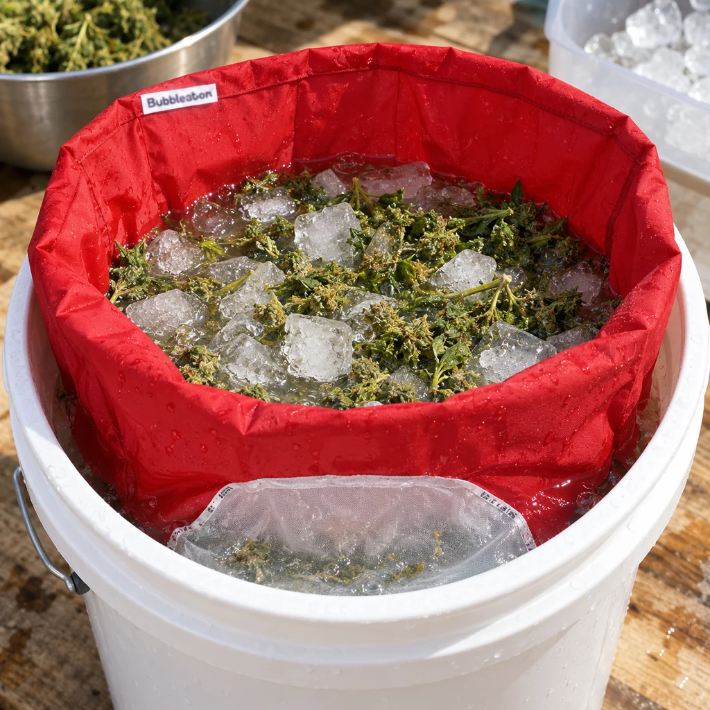 Bolsa roja para Bubble Hash dentro de un cubo blanco, con agua, hielo y restos vegetales; una malla clara asoma en primer plano.