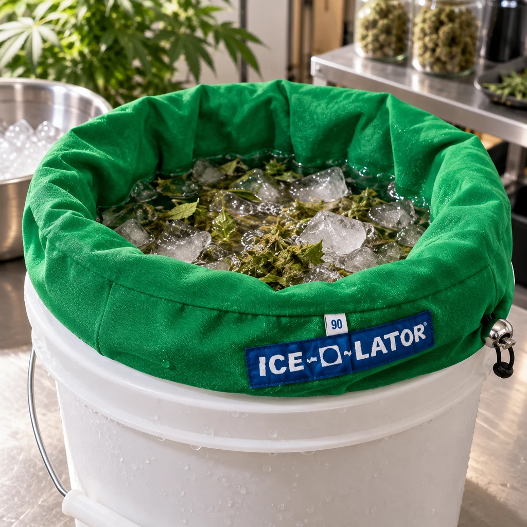 Bolsa verde Ice O Lator con etiqueta 90, colocada en un cubo blanco con agua, hielo y restos vegetales visibles. Bolsa verde Ice O Lator con etiqueta 90, colocada en un cubo blanco con agua, hielo y restos vegetales visibles.
