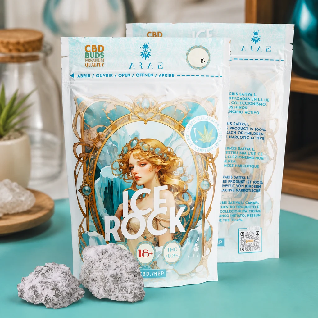 Envases con el texto Ice Rock CBD y una figura femenina ilustrada, junto a fragmentos de aspecto blanquecino sobre una mesa turquesa.