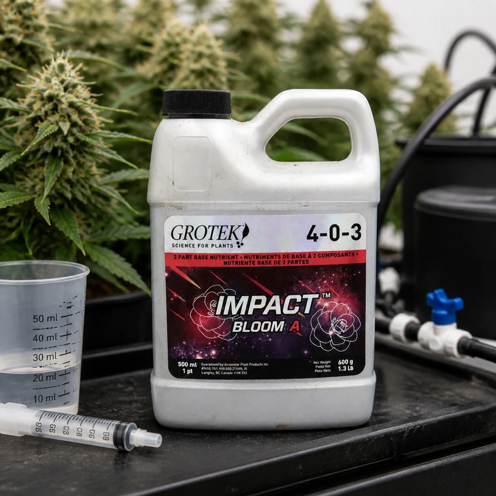 Escena generada de un envase Grotek Impact Bloom A, con etiqueta 4-0-3, junto a un vaso medidor y una jeringa, ante plantas de cannabis. Escena generada de un envase Grotek Impact Bloom A, con etiqueta 4-0-3, junto a un vaso medidor y una jeringa, ante plantas de cannabis.