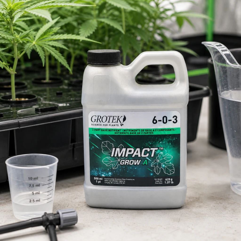 Garrafa de Grotek Impact Grow A con etiqueta 6-0-3, junto a un vaso dosificador y una jarra, con plantas al fondo. Garrafa de Grotek Impact Grow A con etiqueta 6-0-3, junto a un vaso dosificador y una jarra, con plantas al fondo.