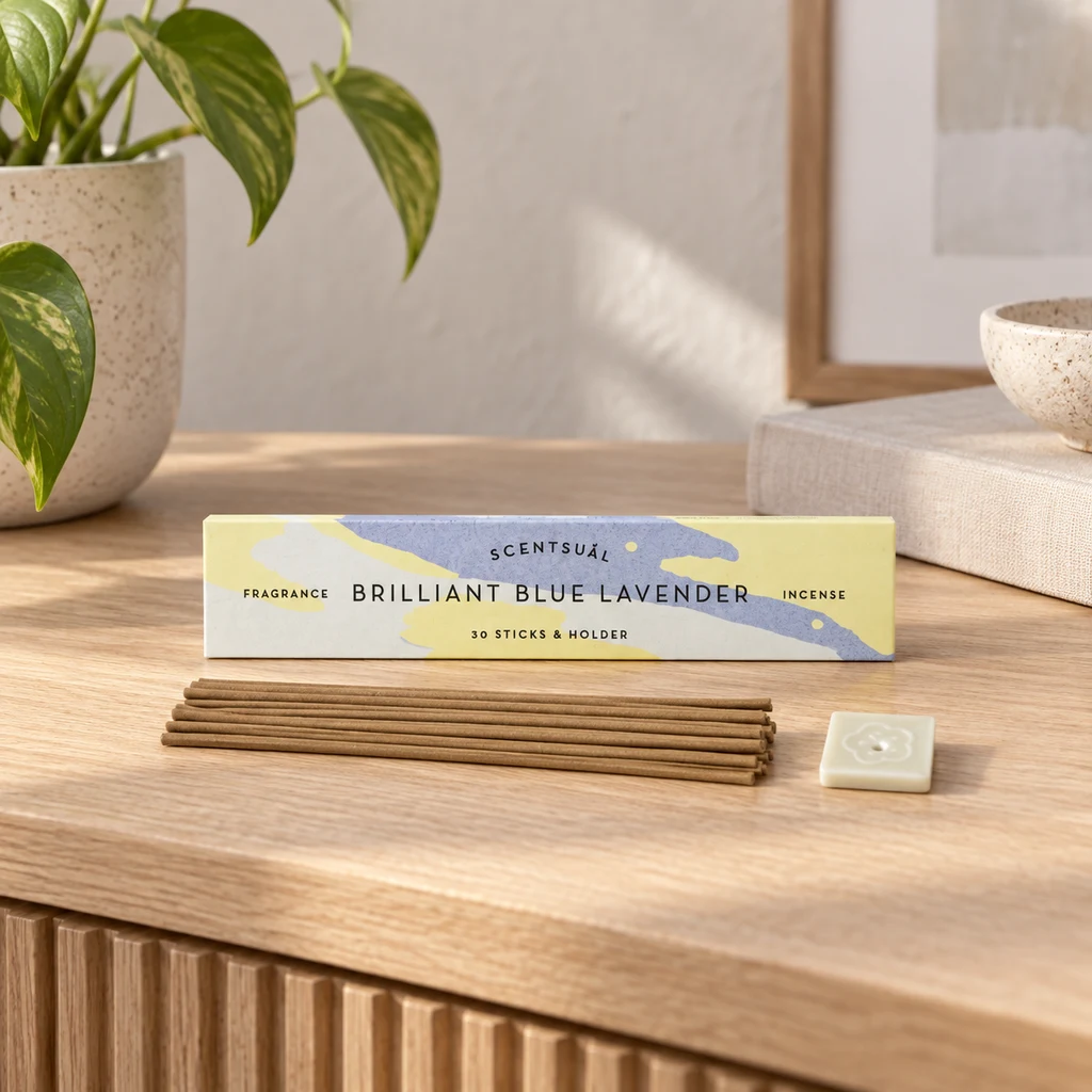Caja Scentsual Brilliant Blue Lavender con varillas de incienso y soporte cuadrado claro sobre una mesa de madera junto a una planta.