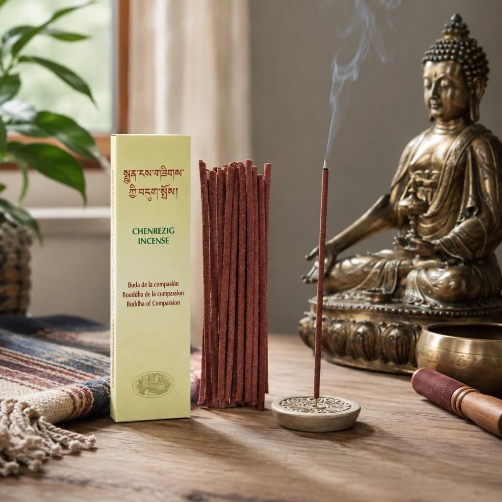Incienso Chenrezig con caja clara y varillas rojizas; una varilla humea en un soporte junto a una figura de Buda y un cuenco. Incienso Chenrezig con caja clara y varillas rojizas; una varilla humea en un soporte junto a una figura de Buda y un cuenco.