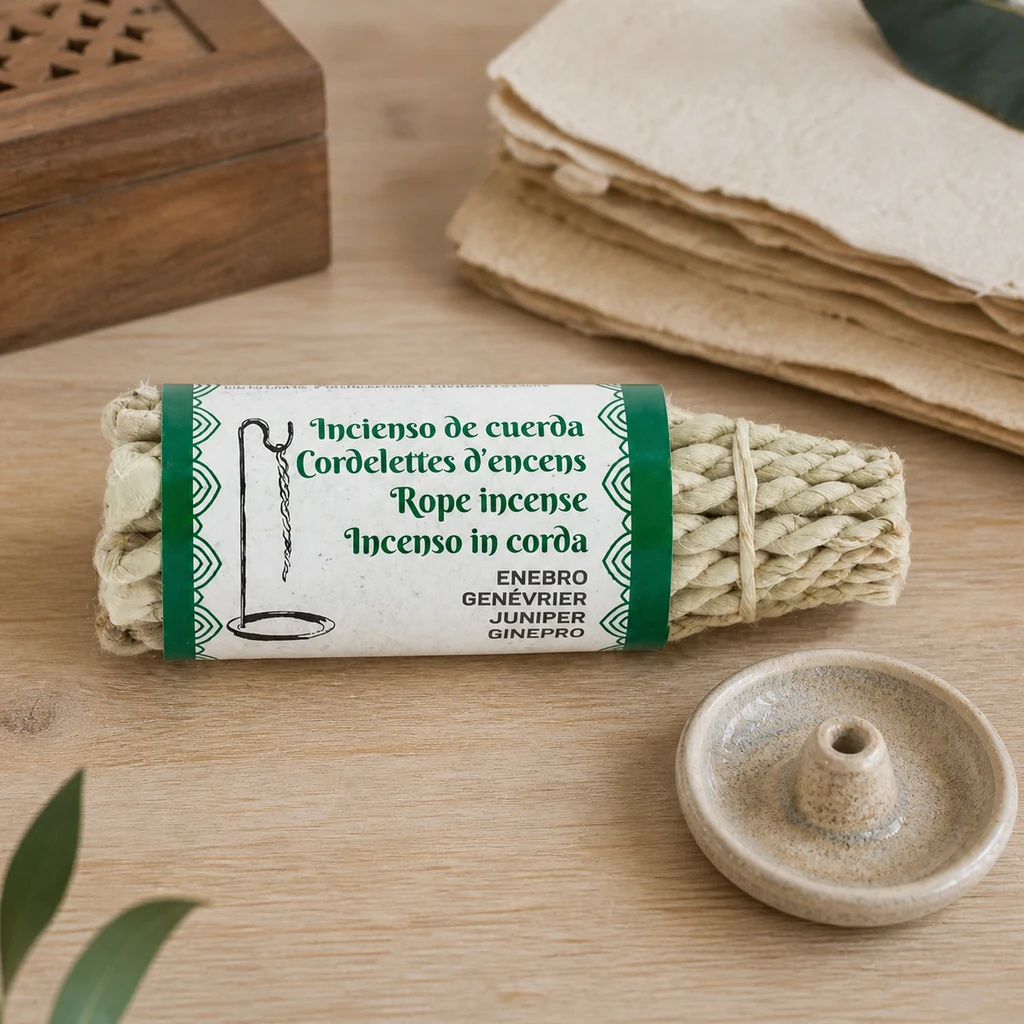 Incienso de cuerda de junípero con etiqueta verde y blanca sobre una mesa, junto a un soporte cerámico y hojas de papel. Incienso de cuerda de junípero con etiqueta verde y blanca sobre una mesa, junto a un soporte cerámico y hojas de papel.