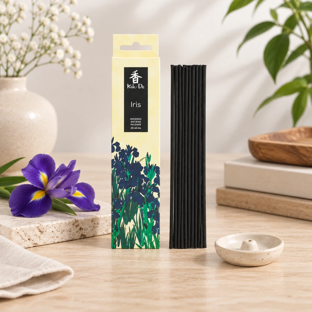 Caja de incienso Koh Do Iris junto a varillas negras y un soporte claro, con flores moradas y elementos decorativos alrededor.