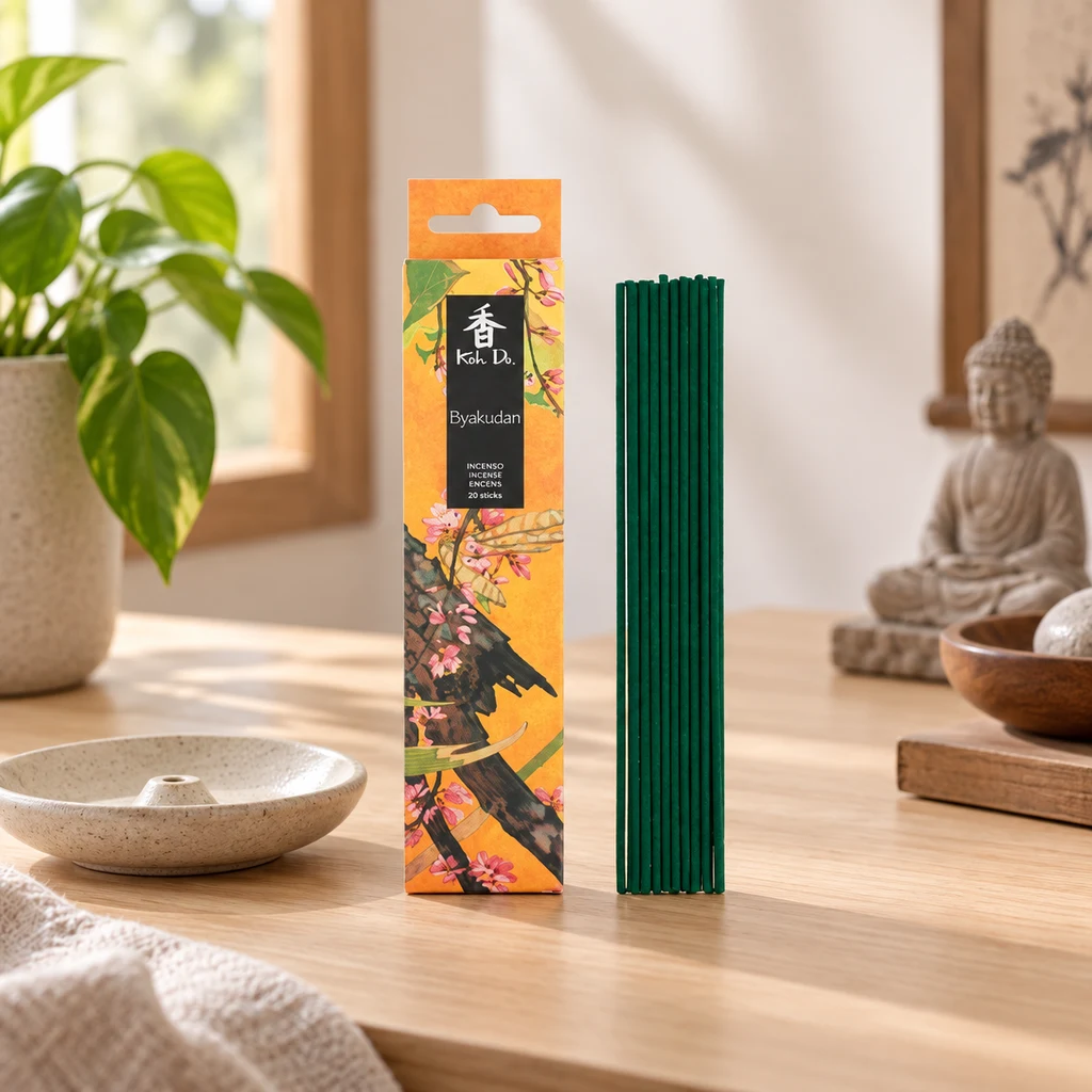 Caja floral de incienso Koh Do Byakudan junto a varillas verdes sobre una mesa, con un quemador y una figura de Buda al fondo.