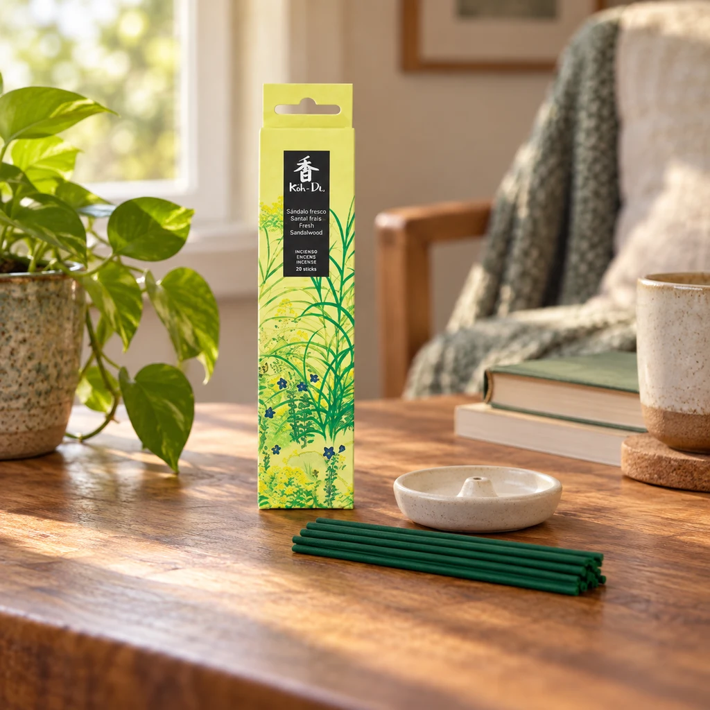 Caja amarilla y verde de incienso Koh Do Fresh Sandalwood junto a varillas verdes y un incensario claro sobre una mesa de madera. Caja amarilla y verde de incienso Koh Do Fresh Sandalwood junto a varillas verdes y un incensario claro sobre una mesa de madera.