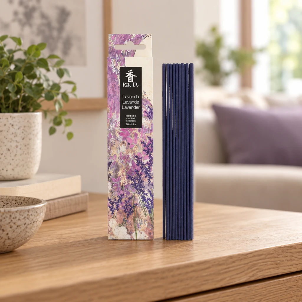 Caja de incienso Koh Do Lavanda con diseño floral junto a varillas moradas verticales sobre una mesa de madera, con un salón al fondo.