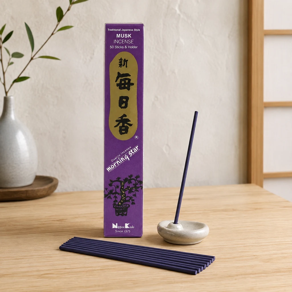 Caja morada de incienso Morning Star Musk, con varias varillas sobre una mesa y una colocada en un pequeño soporte redondo. Caja morada de incienso Morning Star Musk, con varias varillas sobre una mesa y una colocada en un pequeño soporte redondo.
