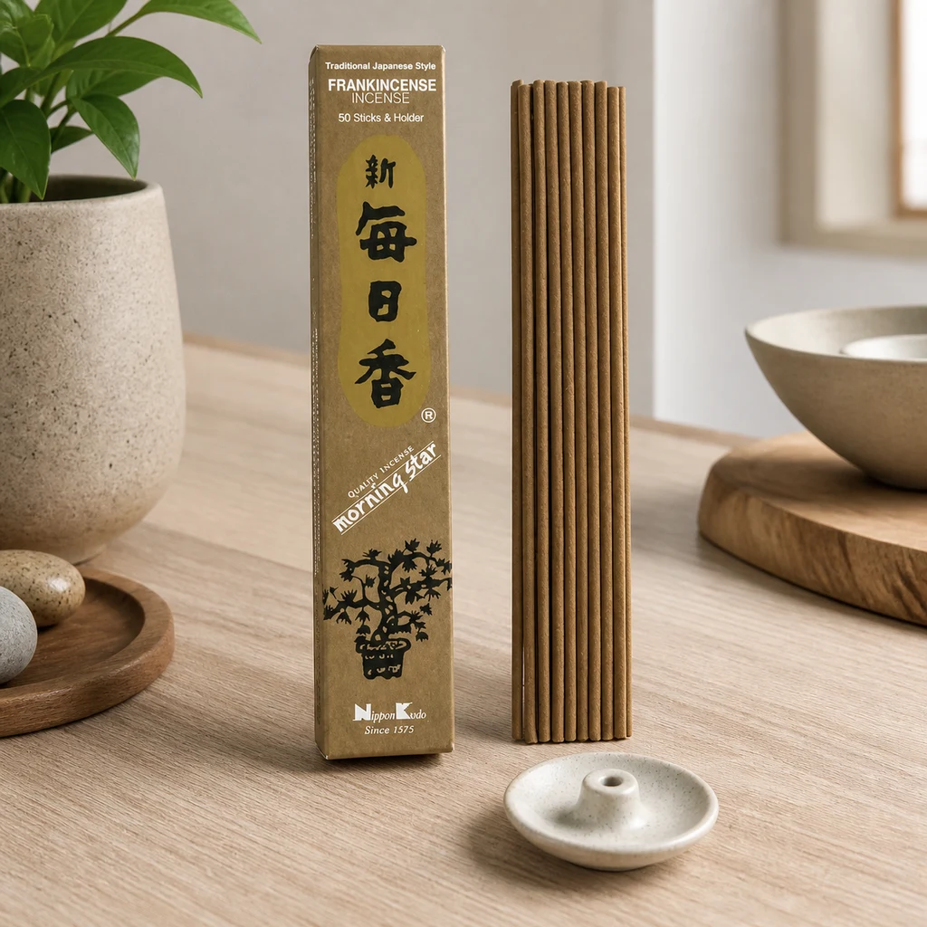 Caja de incienso Morning Star de Nippon Kodo junto a varias varillas marrones y un pequeño soporte claro sobre una mesa de madera.