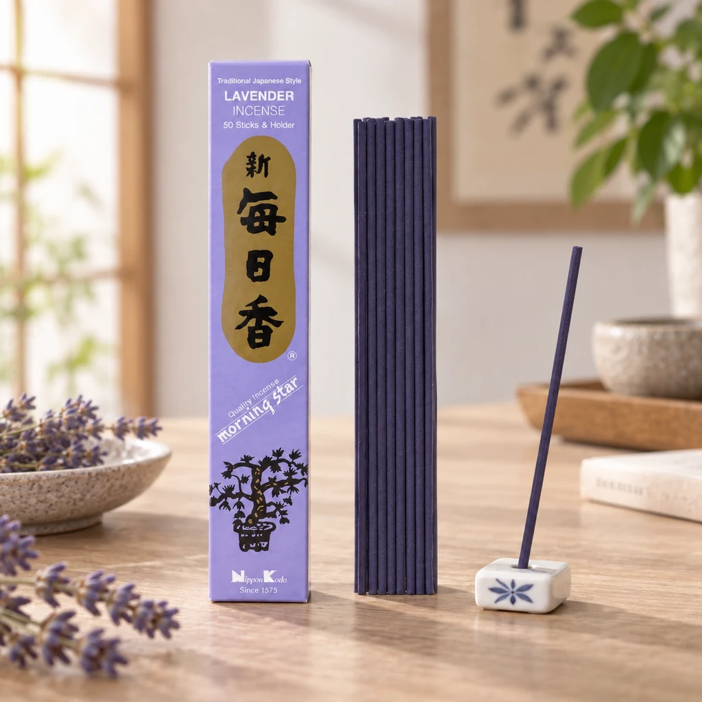Caja violeta de incienso Morning Star Lavanda junto a varias varillas y una colocada en un soporte blanco sobre una mesa. Caja violeta de incienso Morning Star Lavanda junto a varias varillas y una colocada en un soporte blanco sobre una mesa.