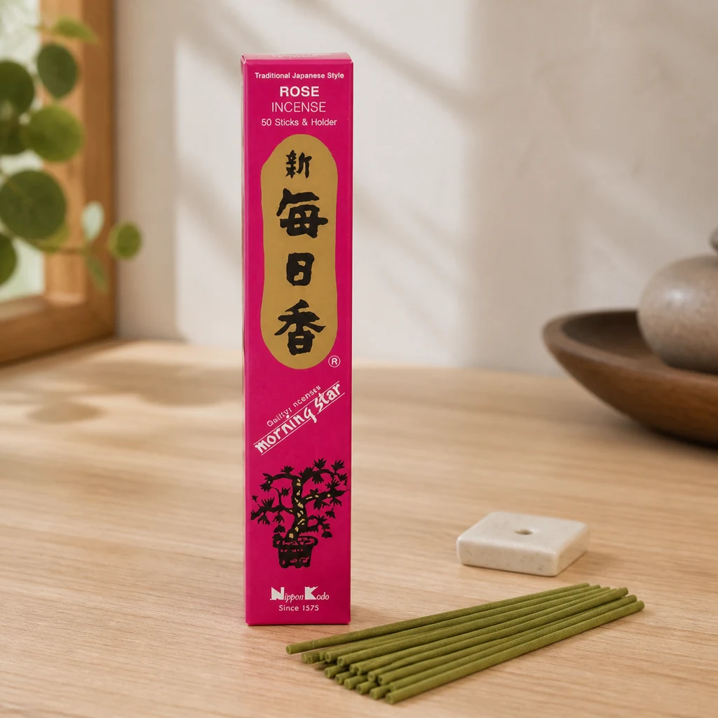 Escena generada de incienso Morning Star en caja rosa con texto ROSE, varillas verdes y soporte cuadrado sobre una mesa de madera.