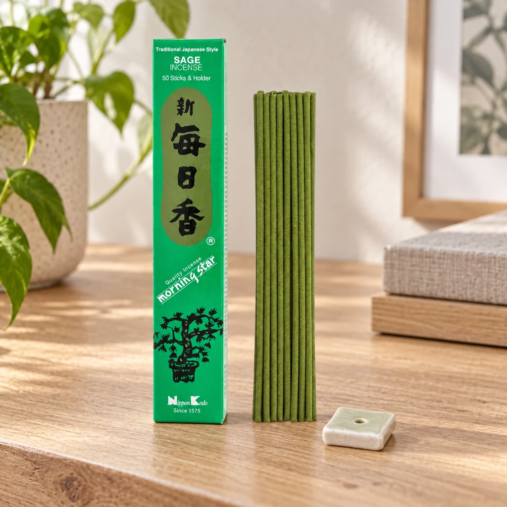 Varillas verdes de incienso Morning Star Sage junto a su caja y un pequeño soporte cuadrado sobre una mesa de madera.