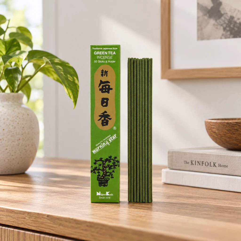 Caja verde de incienso Morning Star Té Verde junto a varias varillas verdes sobre una mesa de madera, con una planta al fondo. Caja verde de incienso Morning Star Té Verde junto a varias varillas verdes sobre una mesa de madera, con una planta al fondo.