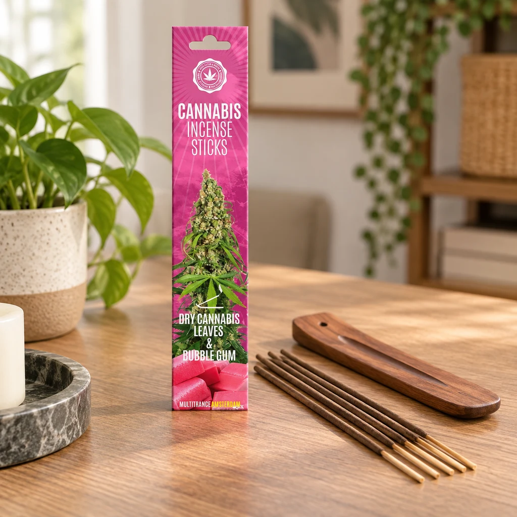 Caja rosa de incienso Bubblegum junto a varias varillas y un soporte alargado de madera sobre una mesa con plantas al fondo.