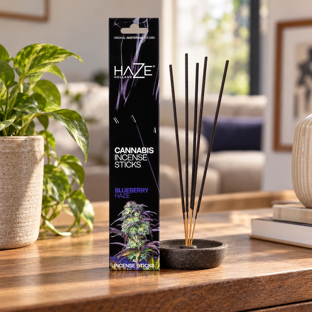 Caja negra de incienso Haze Blueberry junto a varias varillas colocadas en un soporte redondo sobre una mesa de madera. Caja negra de incienso Haze Blueberry junto a varias varillas colocadas en un soporte redondo sobre una mesa de madera.