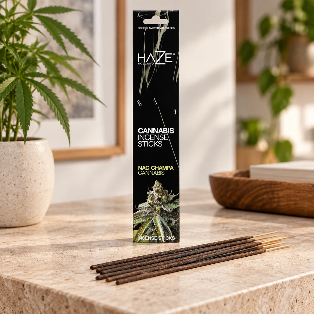 Caja negra Haze Nag Champa Cannabis y varillas de incienso sobre una mesa clara, con plantas al fondo en una escena generada. Caja negra Haze Nag Champa Cannabis y varillas de incienso sobre una mesa clara, con plantas al fondo en una escena generada.
