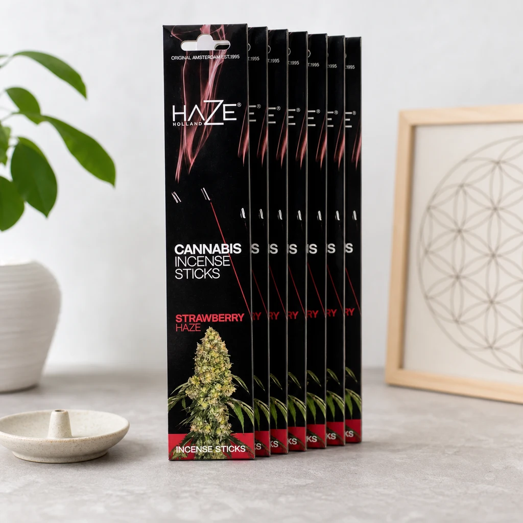 Varias cajas negras de incienso Haze Strawberry Haze con motivos de cannabis, junto a un soporte cerámico y una lámina decorativa.