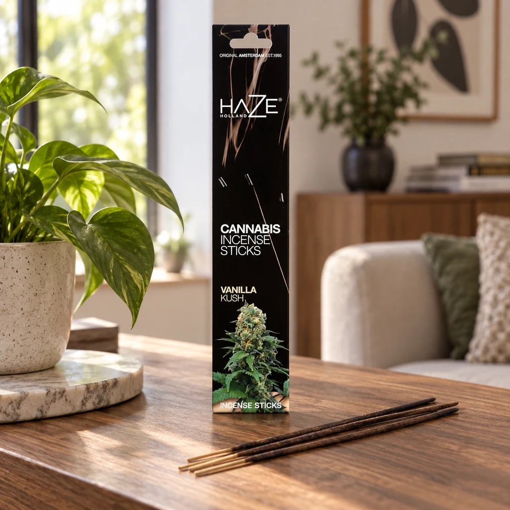 Caja negra de incienso Haze Vanilla Kush y varias varillas sobre una mesa de madera, en un salón con plantas y sofá. Caja negra de incienso Haze Vanilla Kush y varias varillas sobre una mesa de madera, en un salón con plantas y sofá.