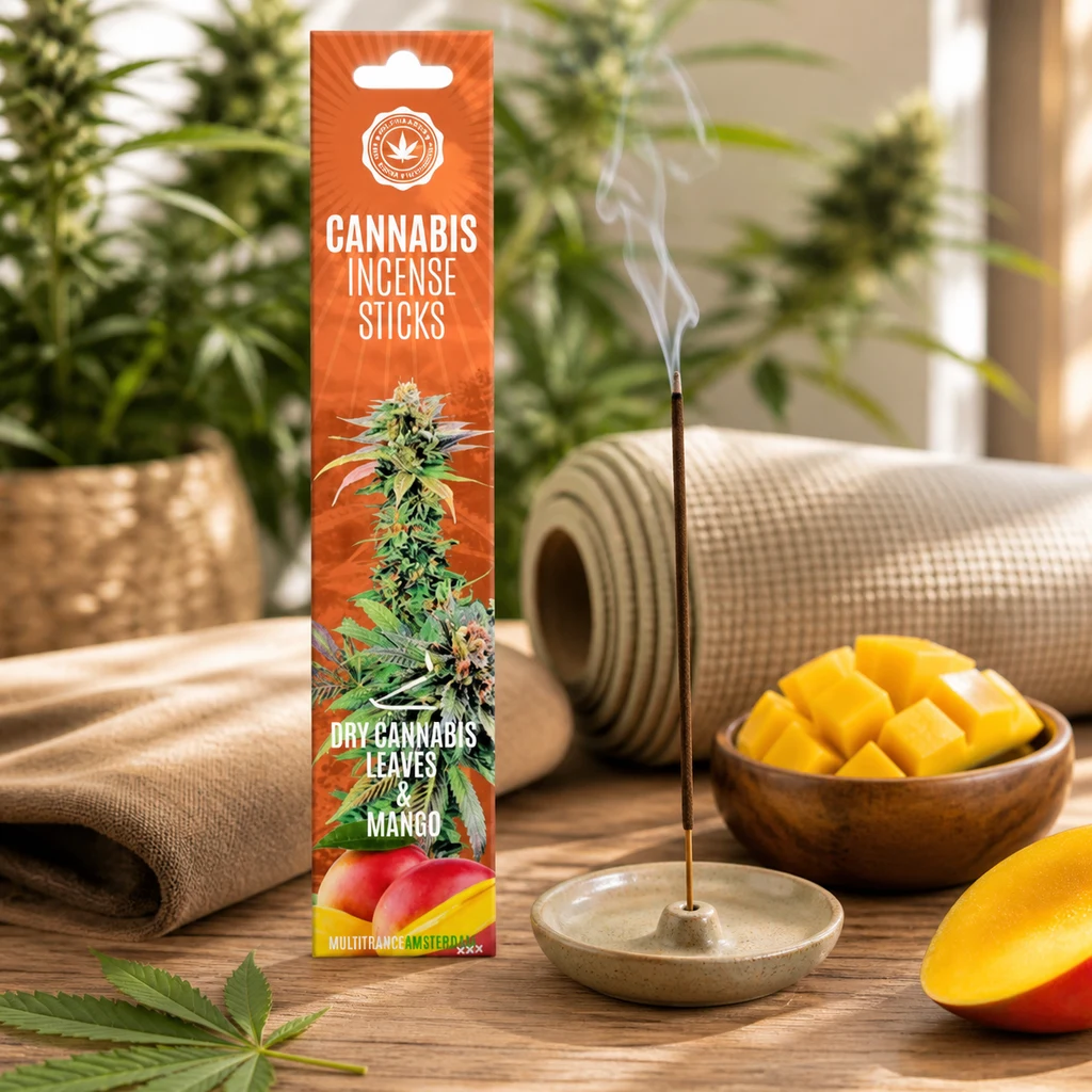 Caja de incienso Cannabis Mango junto a una varilla con humo en un soporte, mango cortado y una esterilla enrollada al fondo.