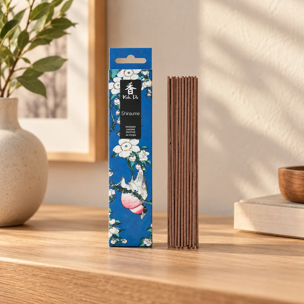 Caja azul de incienso Koh Do Shiraume decorada con flores blancas y un ave, junto a varillas marrones sobre una mesa de madera. Caja azul de incienso Koh Do Shiraume decorada con flores blancas y un ave, junto a varillas marrones sobre una mesa de madera.