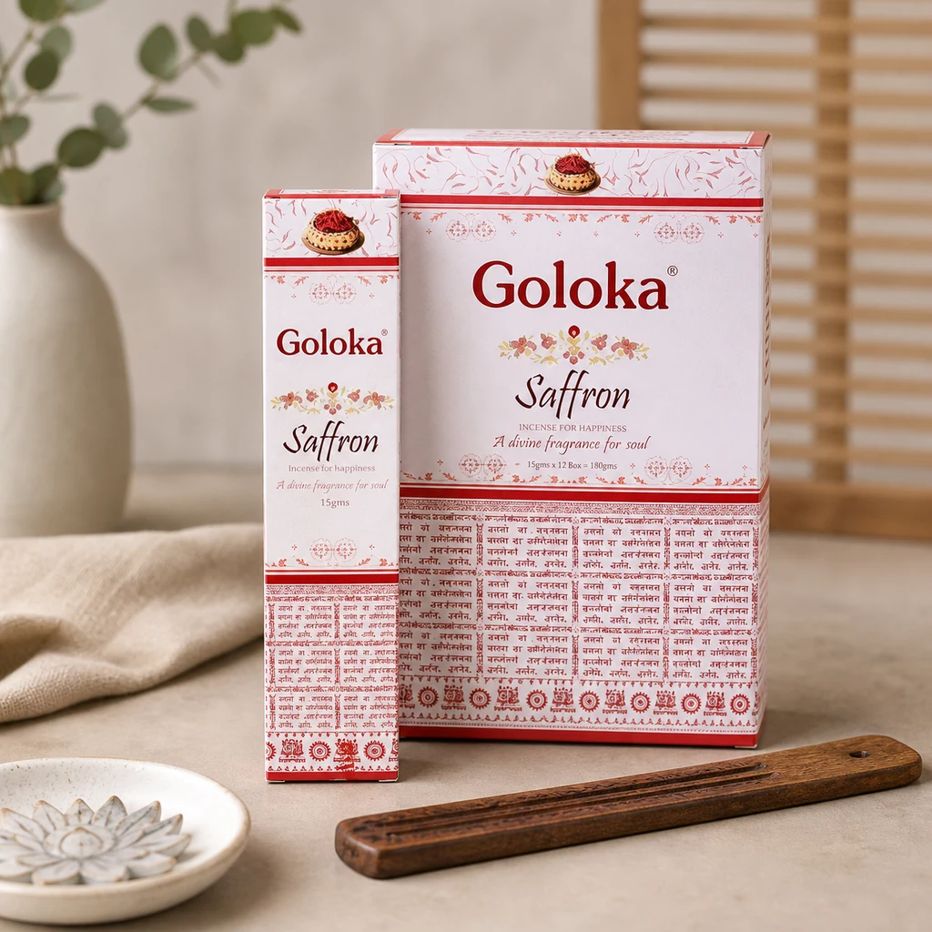 Envases de incienso Goloka Saffron en blanco y rojo, junto a un soporte alargado de madera sobre una mesa.