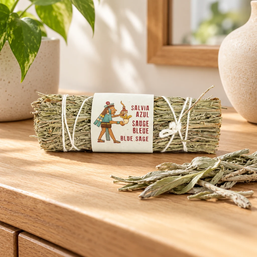 Atado de salvia azul sujeto con cordón blanco y etiqueta ilustrada, sobre una mesa de madera con hojas sueltas en primer plano. Atado de salvia azul sujeto con cordón blanco y etiqueta ilustrada, sobre una mesa de madera con hojas sueltas en primer plano.