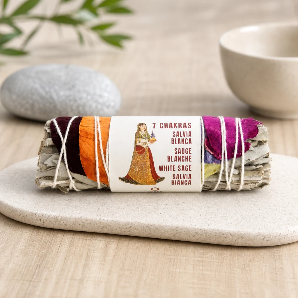 Atado de salvia blanca con pétalos de colores, cuerda blanca y etiqueta «7 Chakras», colocado sobre una bandeja clara. Atado de salvia blanca con pétalos de colores, cuerda blanca y etiqueta «7 Chakras», colocado sobre una bandeja clara.