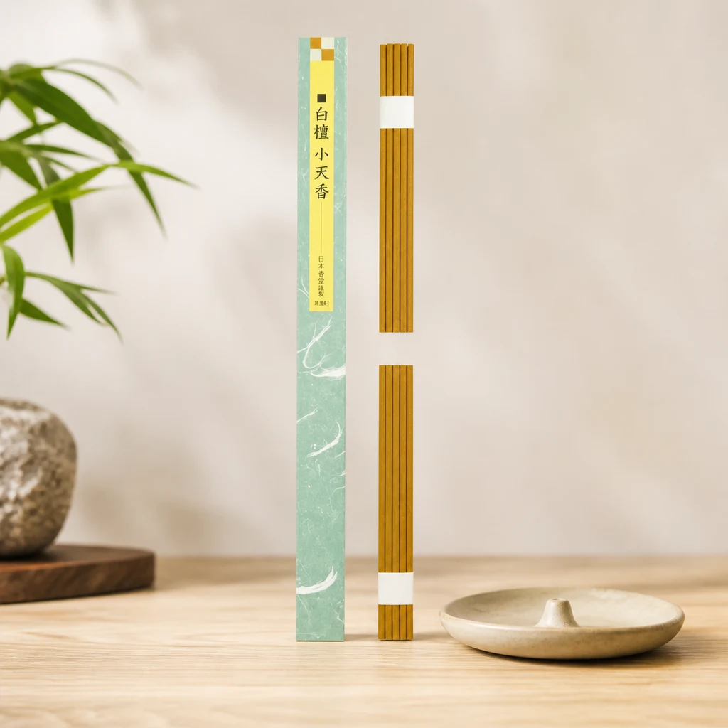 Incienso Shouten Koh con caja verde alargada y dos haces de varillas doradas junto a un soporte circular sobre una mesa de madera.