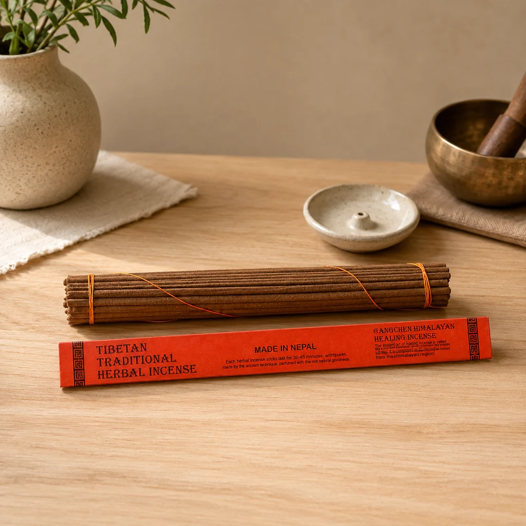 Manojo de varillas de incienso tibetano junto a una caja roja sobre una mesa de madera, con un portaincienso y un cuenco al fondo. Manojo de varillas de incienso tibetano junto a una caja roja sobre una mesa de madera, con un portaincienso y un cuenco al fondo.