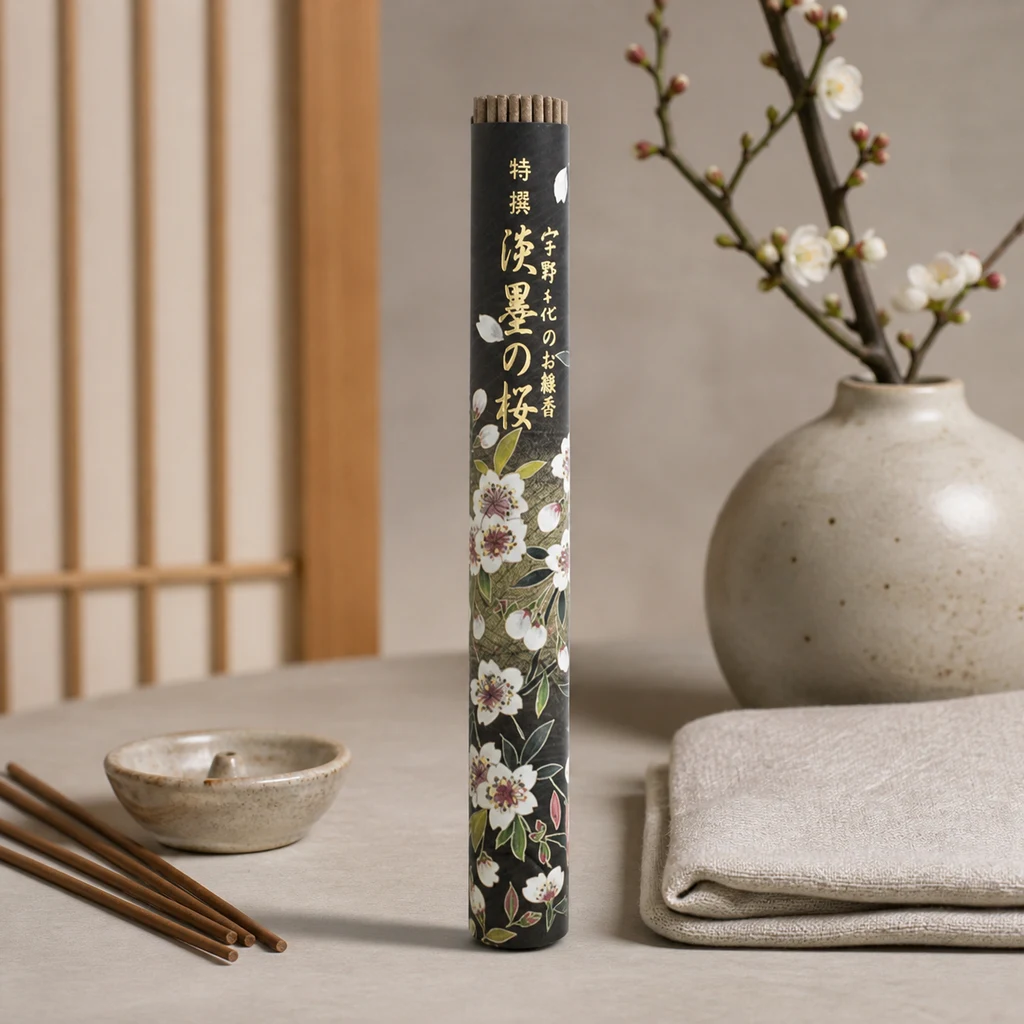Tubo de incienso Tokusen Sakura Usuzumi con flores y letras japonesas, junto a varillas, un pequeño soporte y un jarrón con ramas floridas. Tubo de incienso Tokusen Sakura Usuzumi con flores y letras japonesas, junto a varillas, un pequeño soporte y un jarrón con ramas floridas.