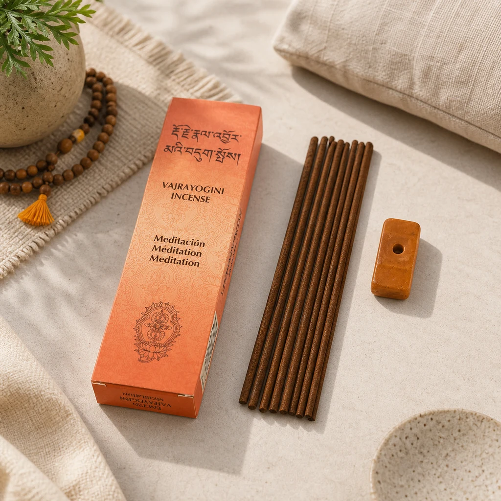 Caja naranja de incienso Vajrayoguini para meditación junto a varillas marrones y un soporte con orificio, sobre una superficie clara. Caja naranja de incienso Vajrayoguini para meditación junto a varillas marrones y un soporte con orificio, sobre una superficie clara.