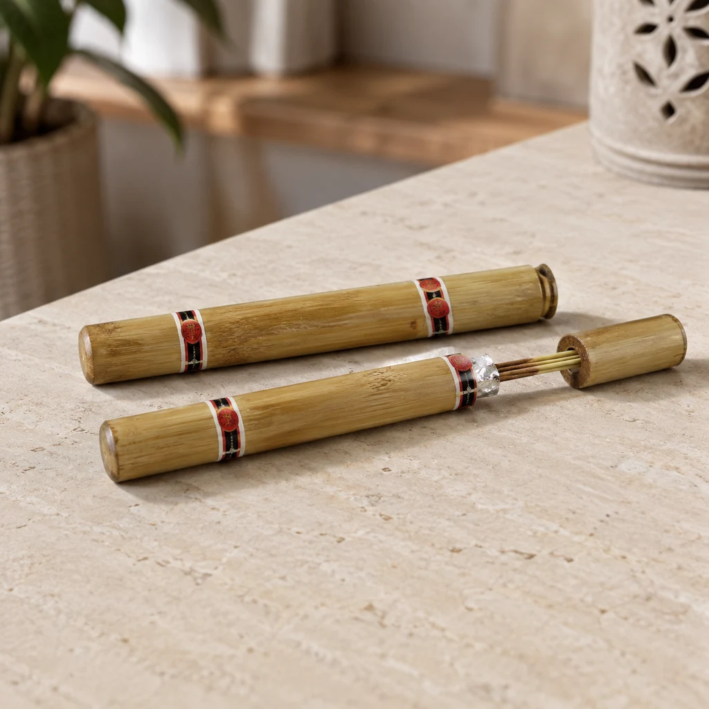 Estuches cilíndricos de bambú sobre una encimera clara; uno está abierto y deja ver varillas de incienso junto a su tapa. Estuches cilíndricos de bambú sobre una encimera clara; uno está abierto y deja ver varillas de incienso junto a su tapa.