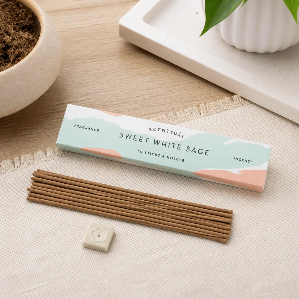 Caja Scentsual Sweet White Sage con varias varillas de incienso y un pequeño soporte cuadrado sobre una tela clara.