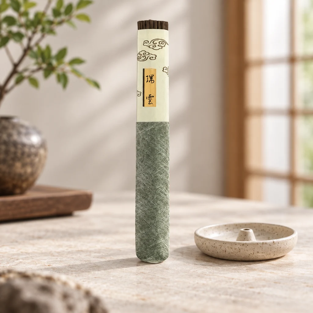 Tubo de incienso Zuiun con varillas asomando, envoltorio verde y crema y caracteres japoneses, junto a un portaincienso sobre una mesa. Tubo de incienso Zuiun con varillas asomando, envoltorio verde y crema y caracteres japoneses, junto a un portaincienso sobre una mesa.