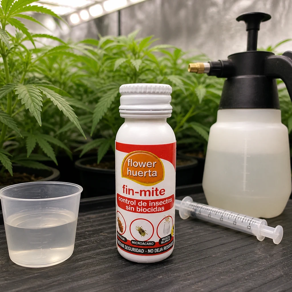 Frasco blanco Fin-Mite de Flower Huerta junto a un vaso con líquido, una jeringa y un pulverizador, con plantas de cannabis al fondo.