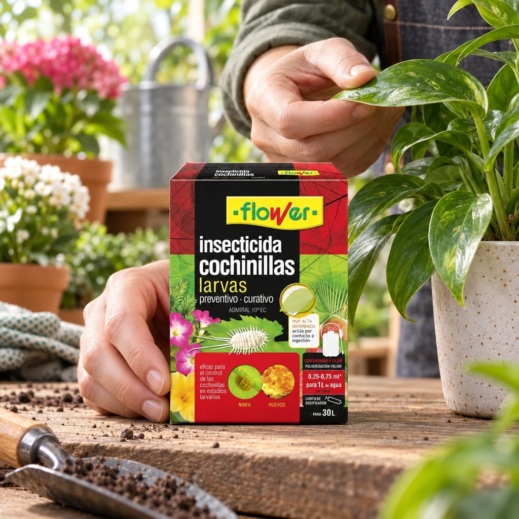 Caja de insecticida Flower para cochinillas y larvas sobre una mesa de jardinería, mientras una persona sostiene una hoja de una planta.