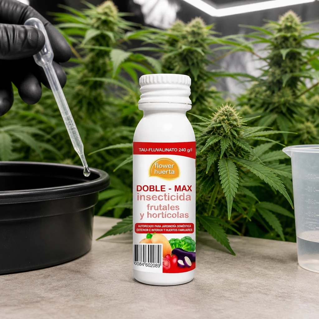 Bote de insecticida Doble Max de Flower junto a un recipiente negro, una pipeta sostenida por una mano con guante y plantas de cannabis al fondo.