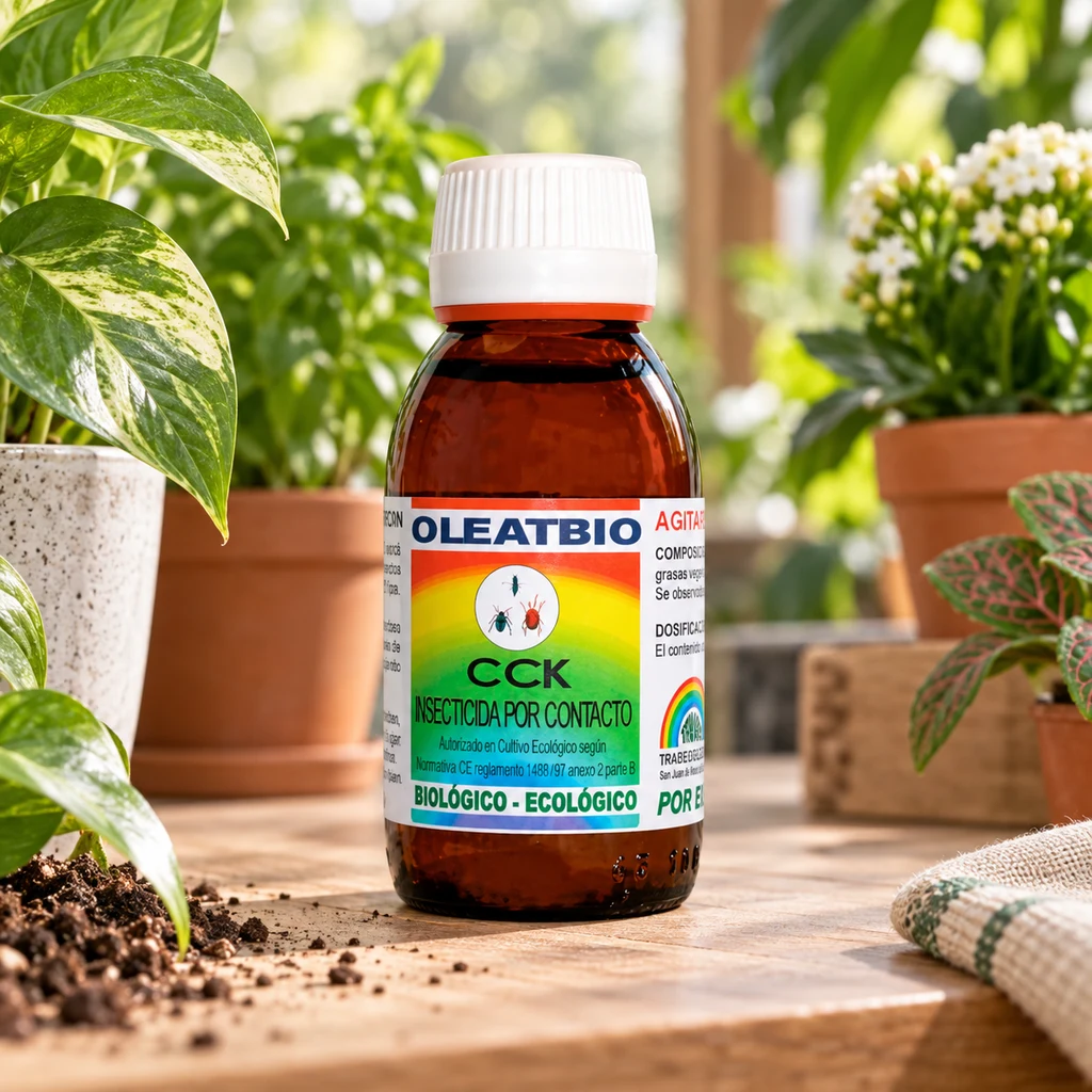 Botella ámbar de Oleatbio CCK con tapón blanco y etiqueta multicolor, sobre una mesa con tierra y plantas en macetas.