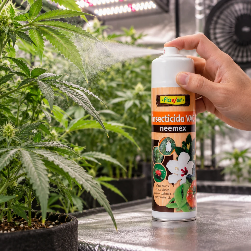 Una mano pulsa un aerosol Neemex y dirige una nube de pulverización hacia hojas de cannabis en un espacio de cultivo interior.
