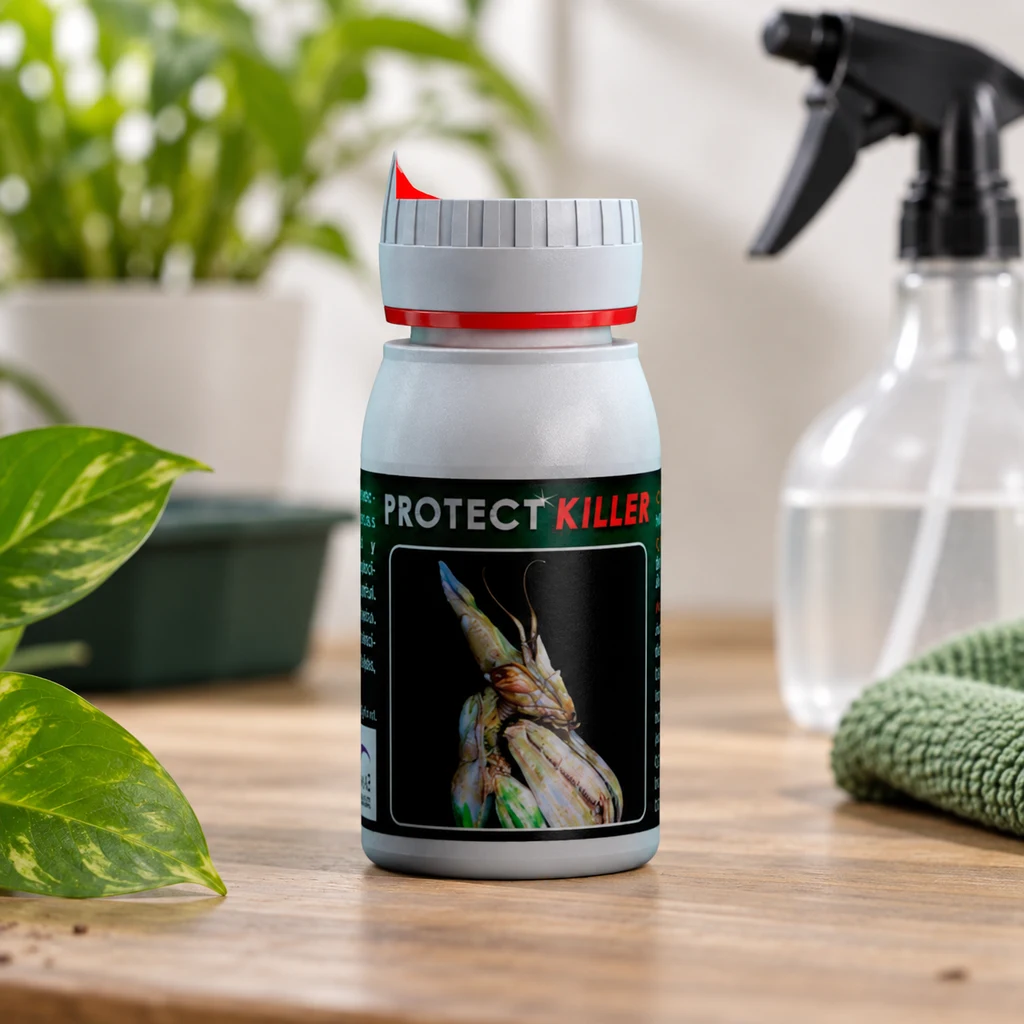 Bote de Protect Killer con tapón gris y aro rojo sobre una mesa de madera, junto a plantas, un pulverizador y un paño verde.