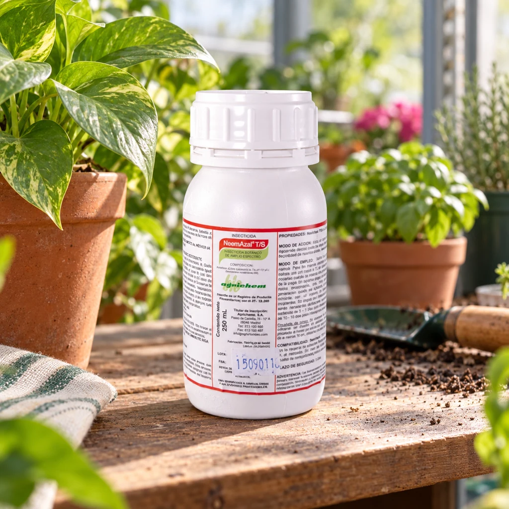 Bote blanco con etiqueta NeemaAzal T/S sobre una mesa de jardinería, entre macetas, tierra y una herramienta de mano.