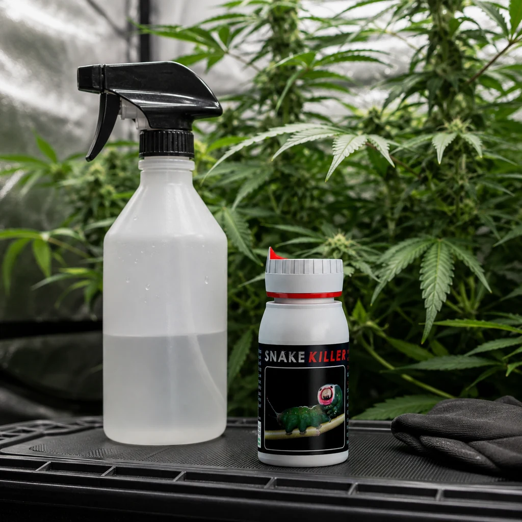 Bote de Snake Killer junto a un pulverizador y guantes oscuros, con plantas de cannabis al fondo en una escena generada.