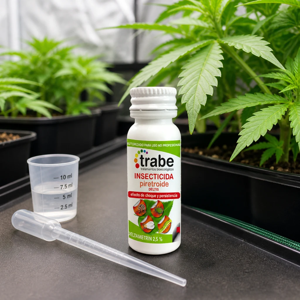 Frasco de insecticida piretroide Trabe junto a un vaso graduado y una pipeta, sobre una mesa entre plantas en macetas.