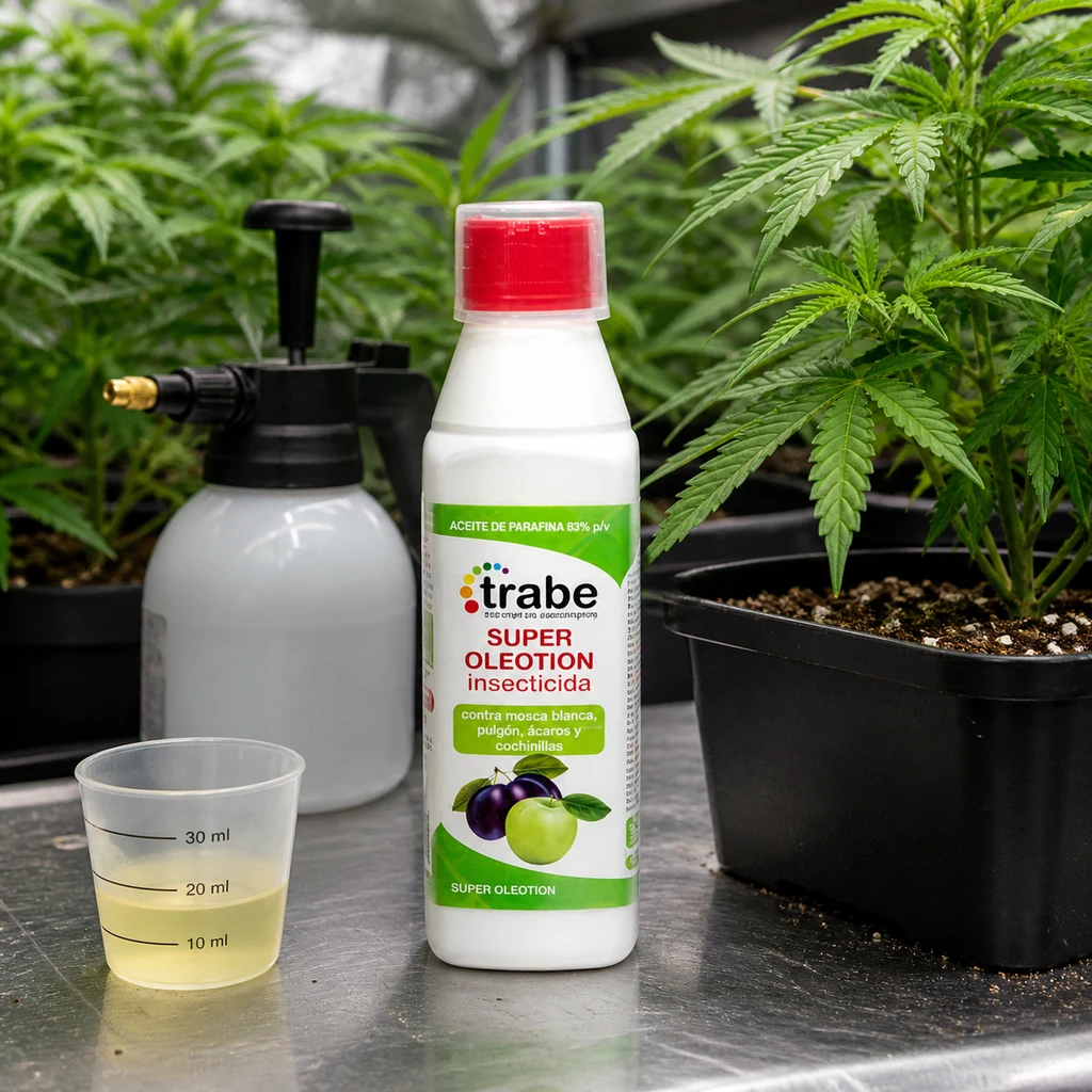 Escena generada de Super Oleotion de Trabe junto a un pulverizador y un vaso graduado con líquido amarillo, entre plantas en macetas.