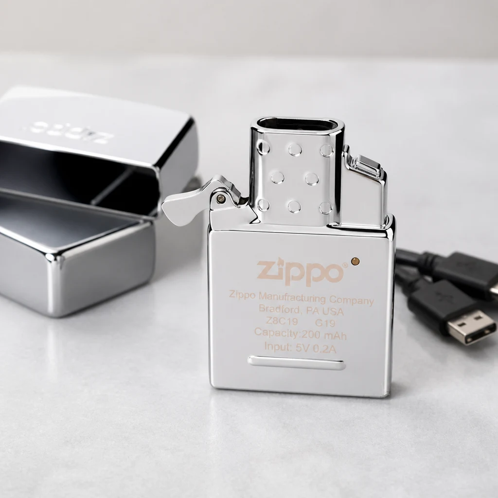 Inserto plateado Zippo Arc Insert Plasma con la parte superior descubierta, junto a una carcasa abierta y un cable USB sobre la mesa. Inserto plateado Zippo Arc Insert Plasma con la parte superior descubierta, junto a una carcasa abierta y un cable USB sobre la mesa.