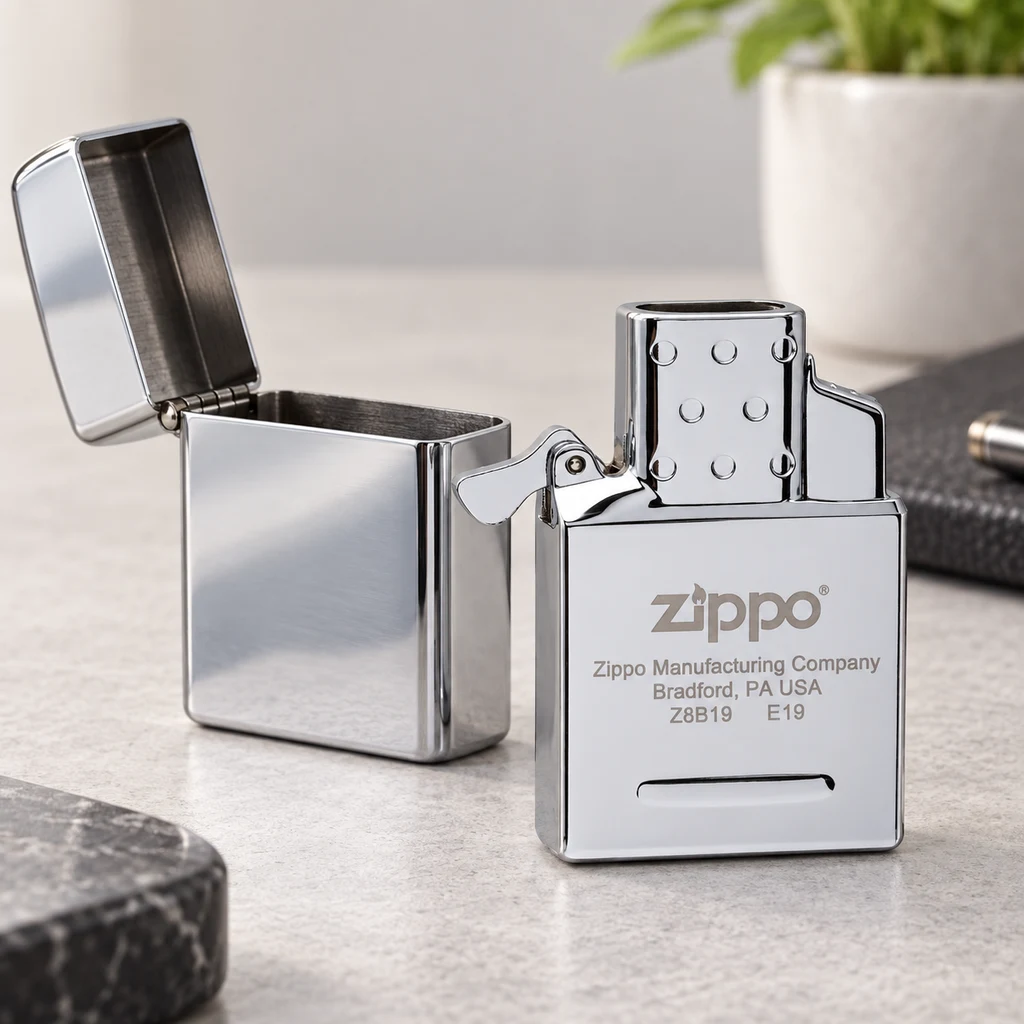 Inserto Zippo plateado en primer plano junto a una carcasa abierta, con logotipo grabado y chimenea perforada, sobre una mesa clara.
