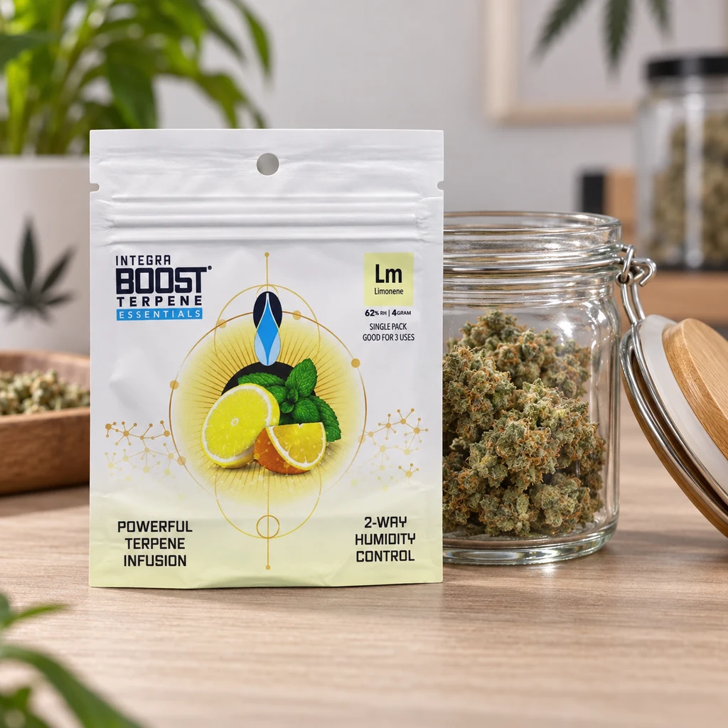 Sobre Integra Boost con etiqueta Limonene, 62 % y 4 g, junto a un tarro abierto con cogollos sobre una mesa.